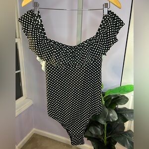 J.Crew Bathing Suit Polka Dot One-Piece Off-Shoulder Size 10 #F9364 Black White